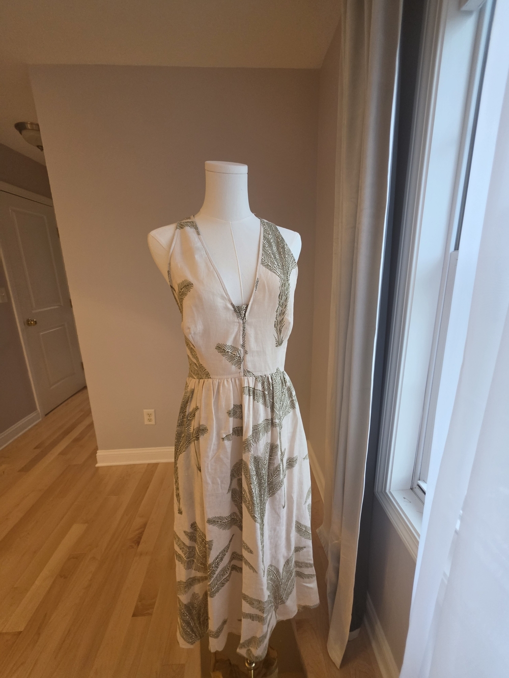 Reiss Cream Midi Dress with Olive Green Leaf Print